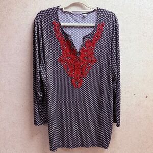 Susan Graver 2X Plus Womens  Black White Geo Print Red Embroidered V Neck Blouse